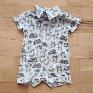 Infant Sloth Print Gauze Collared Cotton Romper, 18mos